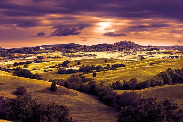 Italské Středověké Město Montepulciano Kopci Panorama Krajina Krajiny Vinicemi Olivovníky — Stock fotografie