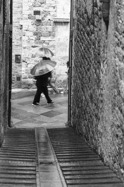 Yağmurda Hayal Kırıklığına Uğramış Şemsiyeli Turistler Talya San Gimignano Manzarasını Telifsiz Stok Imajlar