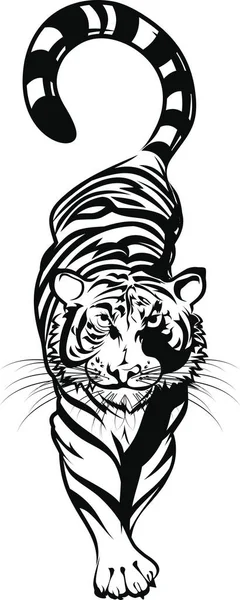 Agachamento Tigre Listrado Ilustração Vetorial Preto Branco — Vetor de Stock