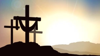 Calvary 'de çarmıha gerilmiş üç haç, gündoğumu animasyonunun arka planına karşı.