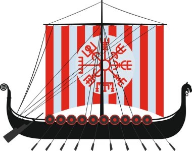 Vintage Viking yelkenli gemi drakkar kürek sıraları ve yelken kenli yan görünümü beyaz arka planda izole