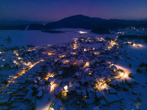 Aerial View Snowy Mountain Town Nighttime Royalty Free Stock Photos