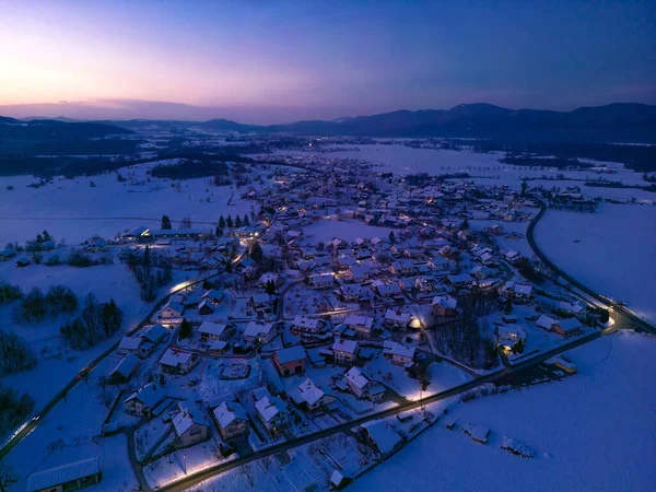 Aerial View Snowy Mountain Town Nighttime Fotos De Stock