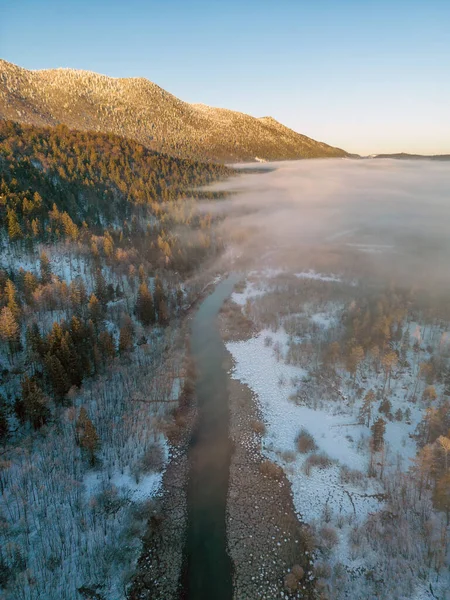 Aerial View Beautiful Mountain Landscape Snow River Trees Stockbild