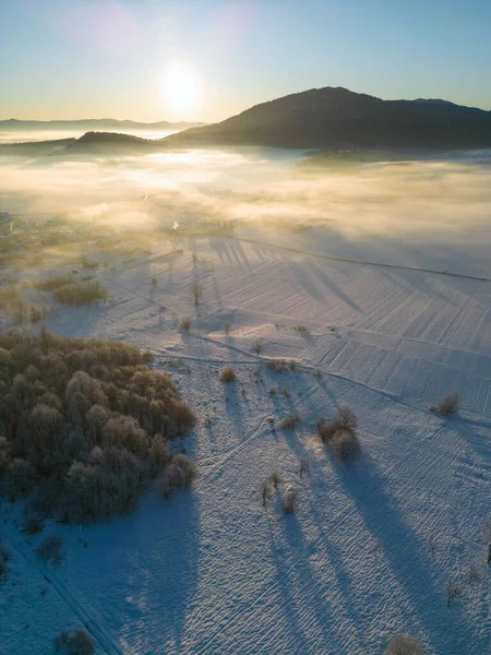 Зимовий Пейзаж Снігом Деревами Мальовничі Гори Під Час Сходу Сонця Ліцензійні Стокові Зображення