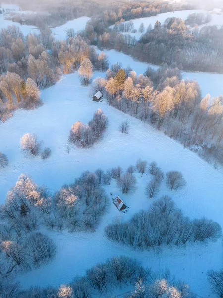 얼어붙은 나무가 아름다운 겨울철의 풍경을 공중에서 스톡 사진