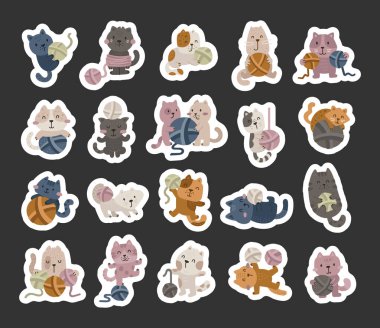 Kedi karakteri, hayvan temalı illüstrasyon ve dekorasyon projeleri için evcil kedi yavrusu iplik topuyla çeşitli şirin pozlar vererek İskandinav tarzında hazırlanmıştır.