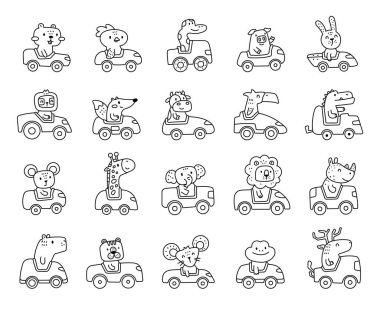 Hayvan sürücüsü araba karakteri, taslak çizimlerinde sevimli çizgi film hayvanlarının taşıma temalı dekorasyon ve yaratıcı tasarım projeleri için araçlara binmesini konu alıyor.