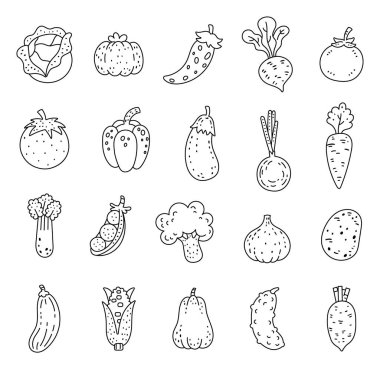 Ana hatları elle çizilmiş sağlıklı yiyecek nesneleri ve organik gıda ve market gıdaları için çiftlik hasadı ve ayrıca yaratıcı tasarım projeleriniz için sebze seti.