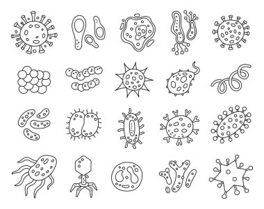 Laboratuar bilimi ve sağlık temalı yaratıcı tıbbi çizimler ve yaratıcı tasarım projeleriniz için soyut bakteri şekilleriyle özet çizilmiş mikroskobik virüs formu.