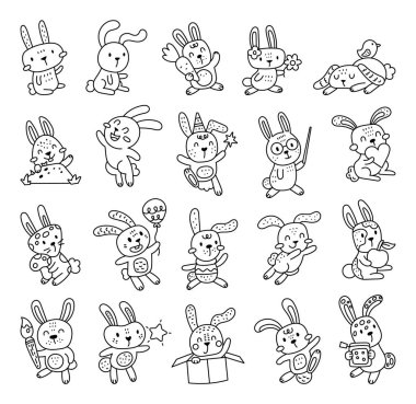 Resim ve yaratıcı tasarım projeleriniz için tutulan çeşitli objelerle sevimli hayvan pozları içeren ana hatlı sanat çizgi filmindeki büyüleyici tavşan karakteri.