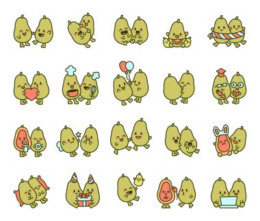 Papaya çift kawaii karakter seti aşk, dostluk, kutlama, yemek ve fantezi unsurları ile çeşitli duygu ve günlük yaşam anlarını gösteren resimleme ve yaratıcı tasarım projeleriniz için