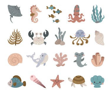 Su altı dünyası deniz hayvanı ve bitki karakteri resimleriniz, dekorasyonunuz ve yaratıcı temalı yaratıcı tasarım projeleriniz için sevimli İskandinav tarzı karikatür elementleriyle ayarlanmış.