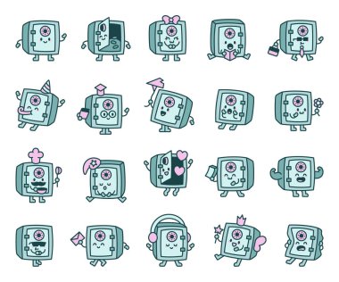 Sevimli kawaii karakter seti. İfade dolu yüzleri, eğlenceli dekorları ve yaratıcı tasarım projeleriniz için büyüleyici duyguları olan sevimli çizgi film kasaları.