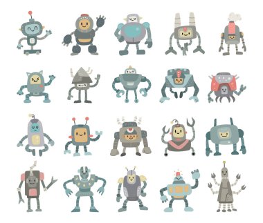 İskandinav tarzında hazırlanmış robot karakter, suni zeka ve insansı mekanik teknolojinin yer aldığı illüstrasyon ve yaratıcı tasarım projeleriniz için çeşitli duruş ve duygulara sahiptir.