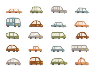 Otomobil illüstrasyonunuz ve yaratıcı şehir tasarımı projeleriniz için farklı otomobil türleri ve araç şekillerine sahip İskandinav tarzı şehir araç taşımacılığı seti