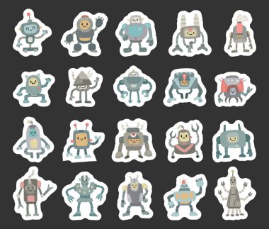 İskandinav tarzında hazırlanmış robot karakter, suni zeka ve insansı mekanik elementlerin yer aldığı illüstrasyon ve yaratıcı tasarım projeleriniz için çeşitli poz ve duygulara sahip.