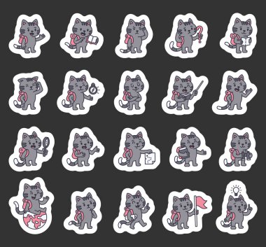 Yaratıcı tasarım projeleriniz için farklı maceralar sırasında öğretirken, keşfederken, gezinirken ve yardım ederken çeşitli duyguları ve pozları gösteren kedi rehberi seti