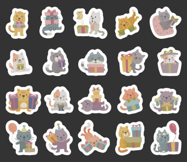 İskandinav tarzında hazırlanmış kedi doğum günü karakteri. Hediyeler, balonlar, fiyonklar, parti şapkaları ve projeleriniz için çeşitli duygusal pozlar veren sevimli kedi yavruları.