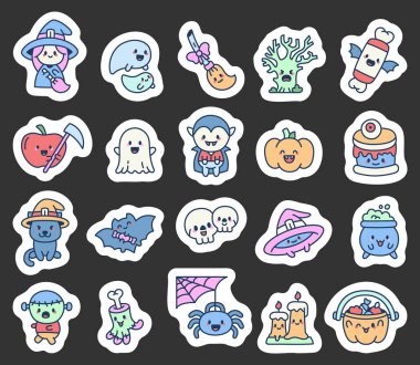 Cadılar Bayramı sevimli kawaii çizgi filmi seti. Cadı, vampir, hayalet, balkabağı, canavar, kedi ve şeker. Ürkütücü temalı illüstrasyon ve mevsimsel tatil dekorasyonu için.