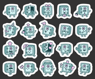 Sevimli kawaii karakter seti. İfade dolu yüzleri, eğlenceli dekorları ve yaratıcı tasarım projeleriniz için büyüleyici duyguları olan sevimli çizgi film kasaları.