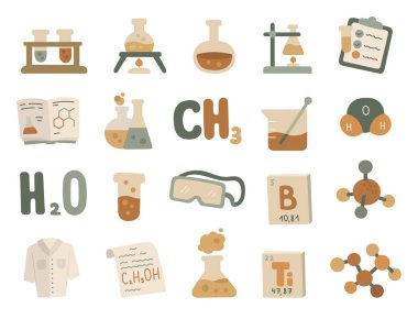 İskandinav tarzında hazırlanmış kimya laboratuvarı çeşitli bilimsel nesneleri gösteriyor. Bunlar arasında cam ekipman araçları formülü güvenlik unsurları deneyler için kullanılan kontrol listeleri de var.