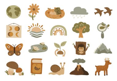 Yeryüzünü, hayvanları, bitkileri, dağları, ormanı, bulutları gösteren İskandinav tarzı doğa bilimi. Yaratıcı tasarım projeleriniz için güneş, ay, volkan