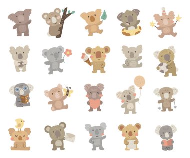 Koala karakteri, elinde çiçek, kitap, kalp, balon, top, dondurma, yürüyüş, oturma, okuma, parti şapkası ve selamlama gibi farklı pozlarda İskandinav tarzı komik hayvanlarla belirlenmiş.