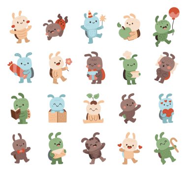 Farklı şirin nesnelerle İskandinav tarzında ayarlanmış böcek hayvan karakteri ve elma, balon, şeker, çiçek, yastık, kitap, kutu, kalp, zarf gibi pozlar.