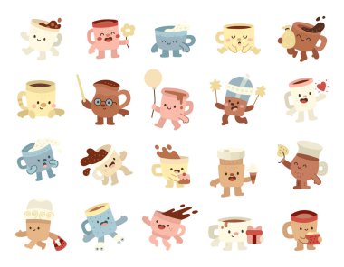 Kupa, kahve, sürahi, İskandinav tarzında farklı duygularla hazırlanmış, kapkek, patlamış mısır, kalp, balon, dizayn projeleri için maytap içeren bir kupa karakteri.