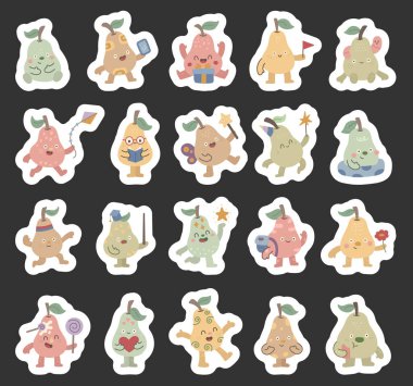 İskandinav tarzında ayarlanmış armut karakteri farklı pozlarda çeşitli nesneler taşıyor. Mezuniyet şapkası, parti şapkası, sihirli değnek, resimleriniz için yüzme havuzu gibi.