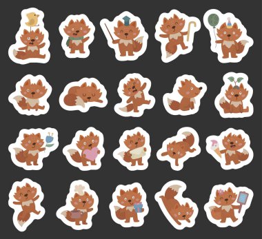 Fox karakteri İskandinav tarzında ayarlanmış, farklı pozlarda, sevimli orman hayvanlarını gösteriyor, eşyaları tutuyor, dans ediyor, yemek pişiriyor, kutluyor, rahatlatıyor ve duygularını ifade ediyor.