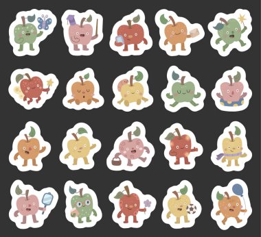 Farklı pozlar, duygular, tatlı meyveler ve çalışmanız için materyal çizimleri ve yaratıcı tasarım projeleri öğrenen çocuklar için mükemmel olan İskandinav tarzı bir Apple karakteri.