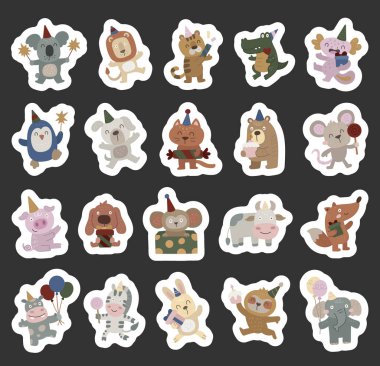 İskandinav tarzında hazırlanmış farklı pozlar, duygular ve parti şapkaları içinde pasta, balon, lolipop, hediye, maytap, konfeti, projeleriniz için şeker tutan bir hayvan karakteri.