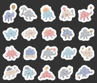 Çekici duygular ve çeşitli pozlar barındıran İskandinav tarzında belirlenmiş bulut karakteri, doğum günü kutlaması için farklı nesneler taşıyor yemek pişirme yürüyüşleri ve arkadaşlık anları.