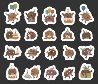 Parti şapkası, balon, pasta, mum, hediye, hediye, kutu, tebrik kartı, kutlama tatili ve çeşitli tasarım projeleri için büyüleyici aksesuarları olan İskandinav tarzında hazırlanmış kestane rengi karakter.