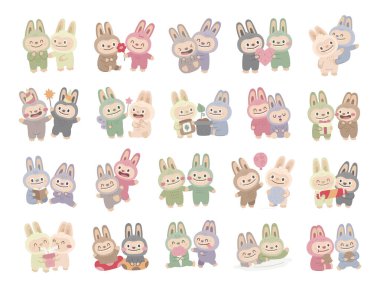 Sevimli tavşan çift karakteri İskandinav tarzında ayarlanmış. Sarılmalar, farklı pozlar, kalp, balonlar, çiçekler, dondurma, hazır fincanlar, hediye kitabı ve kurabiyeler.