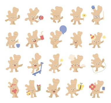 İskandinav tarzında farklı karikatürlerle hazırlanmış zencefil kökü karakteri çiçek, ayna, hediye, balon, paket servis kupası ve mezuniyet şapkası, şef şapkası gibi objeler taşıyor.