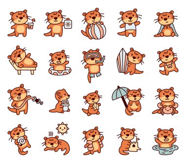 Neşeli su samuru çizgi film karakteri seti deniz aksesuarlarıyla eğlenceli yaz maceraları, rahatlatıcı anlar, büyüleyici dekorasyonlar ve çeşitli pozlarda sevimli duygular yaşıyor.