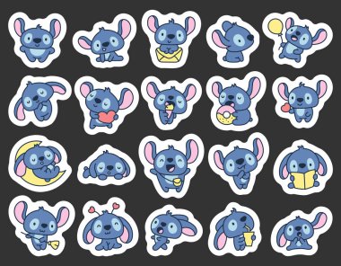 Hayvan kawai karakterleri kalp, çörek, dondurma, balon, kitap, yemek kupası, süpürge, çanta, oturma, ayakta, yalan söyleyen farklı pozlar gösteriyorlar.