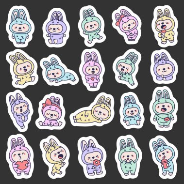 Bunnie Kostüm Kawaii karakteri sevimli bir hayvan seti. Çeşitli şirin pozlar ve duygular gösteriyor. Gülerek dans etmek, gülerek yemek yemek yemek ve uyumak gibi.