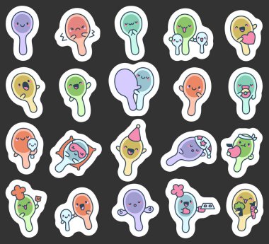 Spoon kawaii karakter seti farklı duyguları, mutfak malzemelerini, bebek, aile, ebeveyn, aşk, şef şapkası, yemek, illüstrasyon ve tasarım projeleriniz için parti şapkası gibi şeyleri gösterir.