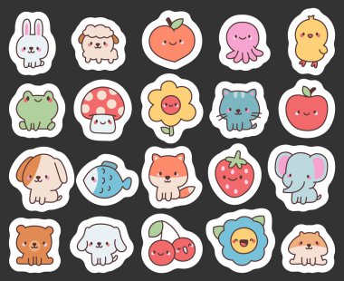 Gülümseyen sevimli hayvanlar ve bitkiler birlikte poz veren sevimli kawaii karakterleri tasarım projeleri için harika bir karikatür havası yaratıyorlar.