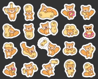 Sincap ve fıstıklı kawaii karakter seti. Hayvanlarla fındıklı, mutlu bir şekilde oturuyor, gülümsüyor, yemek ve balon tutuyor, dinleniyor, yalan söylüyor, kostüm giyiyor, yüzüyor, güneş gözlüğü takıyor.