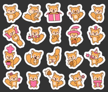 Sincap Kawaii karakteri seti. Elinde nesneler tutan sevimli hayvanların oturduğu, dinlendiği, yattığı ve yaratıcı tasarım projeleri için harika pozlar verdiği bir set.