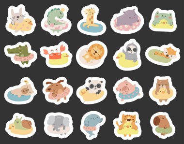 İskandinav tarzında, yüzme yüzüklü, komik karakterli, rahatlatıcı, yaratıcı tasarım projeleriniz için kumsalda geçirdiğiniz yaz mevsiminde eğlenen hoş bir illüstrasyon.