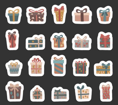 Doğum günü kutlaması sahneleri için dekoratif kurdelelerle hazırlanmış İskandinav tarzı sette hediyeler, sizin için paket kağıtları parti illüstrasyonları ve yaratıcı tasarım projeleri.