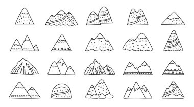 Dağ manzarası, tepe tepe arazisi ve kayalık oluşumlarla ana hatlarıyla çizilmiş. Doğa, illüstrasyon ve yaratıcı tasarım projeleriniz için mükemmel.