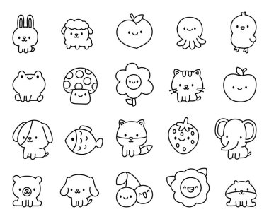 Gülümseyen sevimli hayvanlar ve bitkiler birlikte poz veren sevimli kawaii karakterleri tasarım projeleri için harika bir karikatür havası yaratıyorlar.