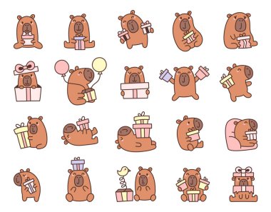 Capybara hediye kawaii karakter seti parti dekorasyonu için mükemmel hediyeler ve balonlar tutarken otururken ya da ayakta duran sevimli gülen hayvanlar sunar